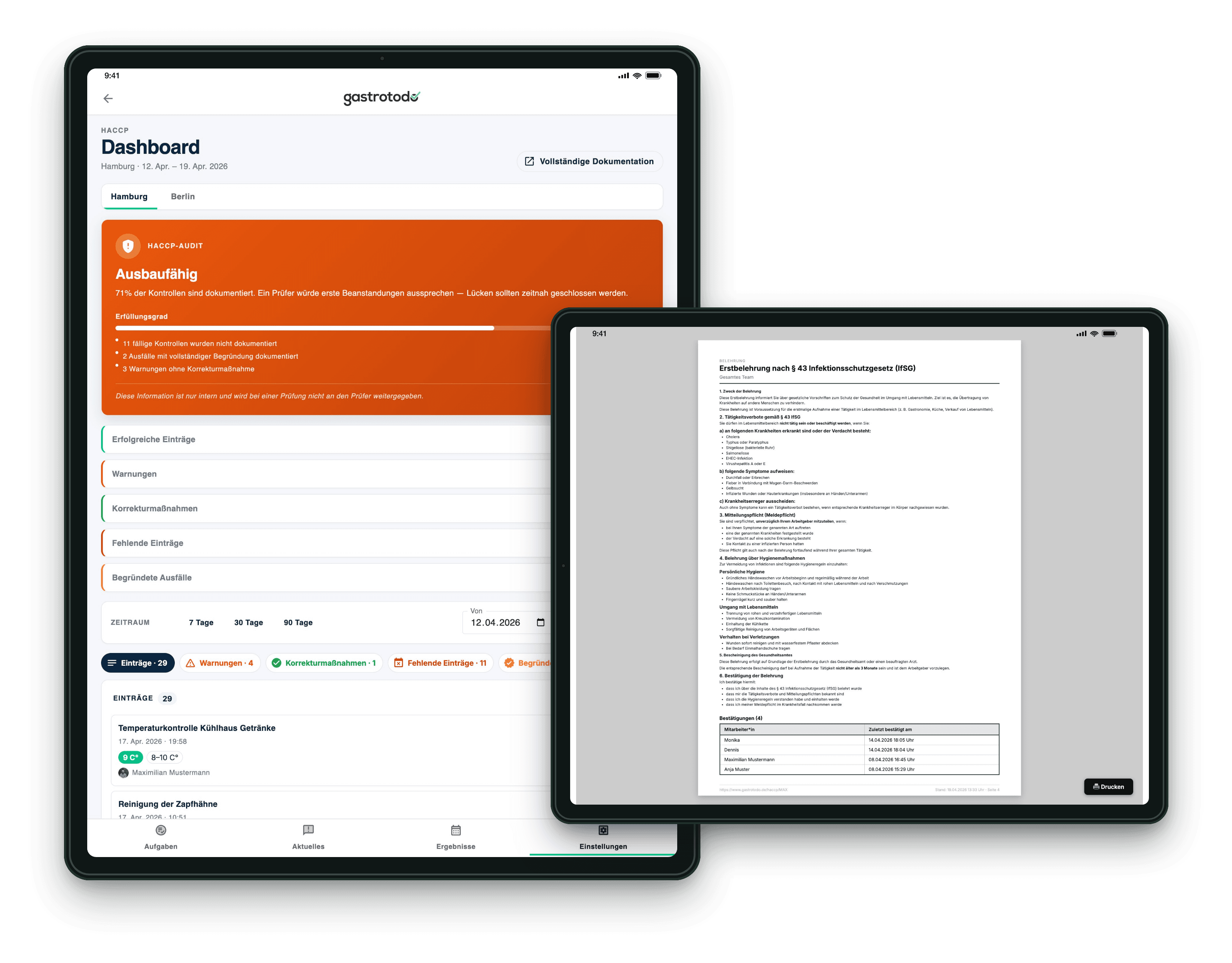 HACCP-Temperaturkontrolle mit Unterschriften