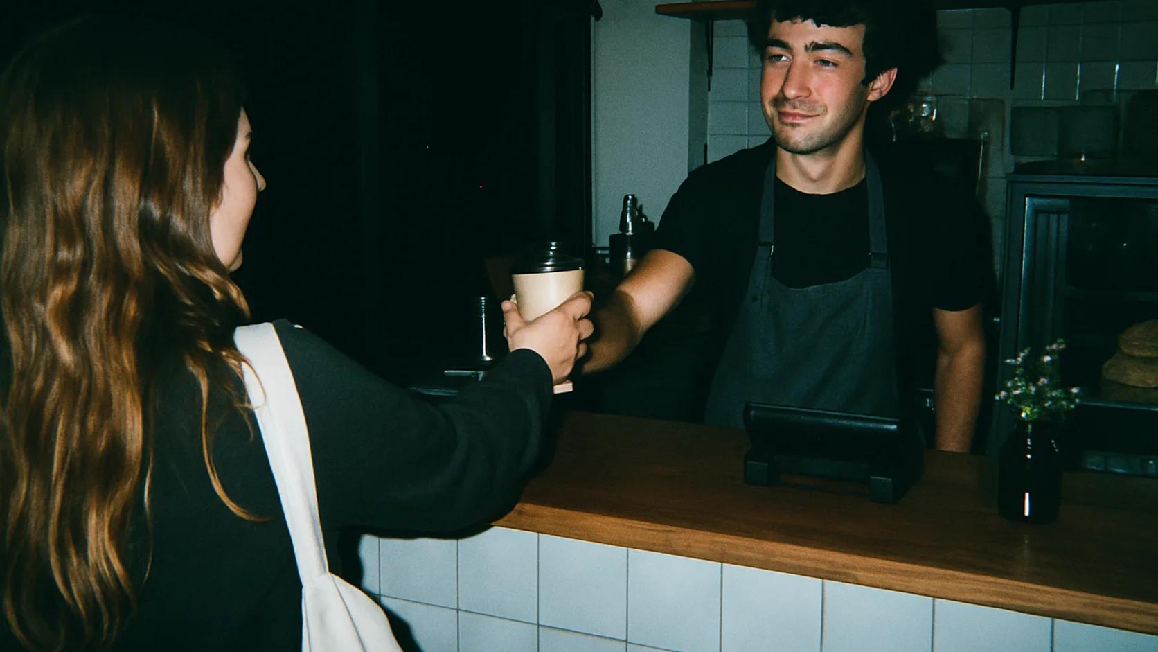 Mitarbeiter reicht einen Coffee-to-go über den Tresen einer kleinen Filiale