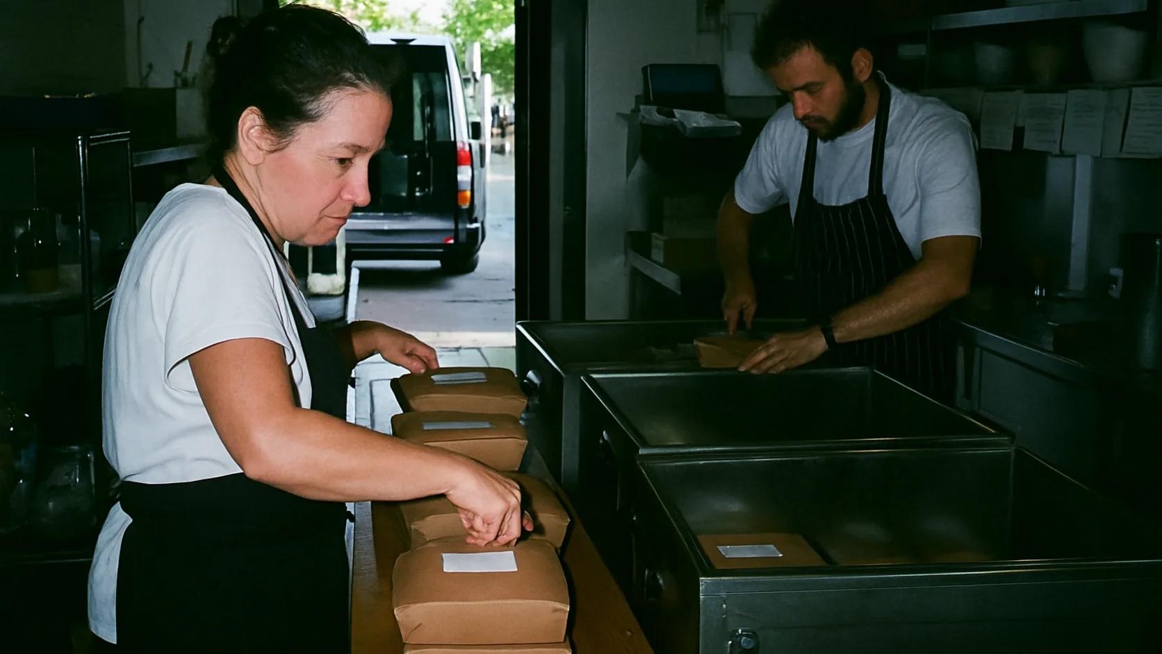Team packt Essen in Liefer-Boxen in einer Profi-Küche