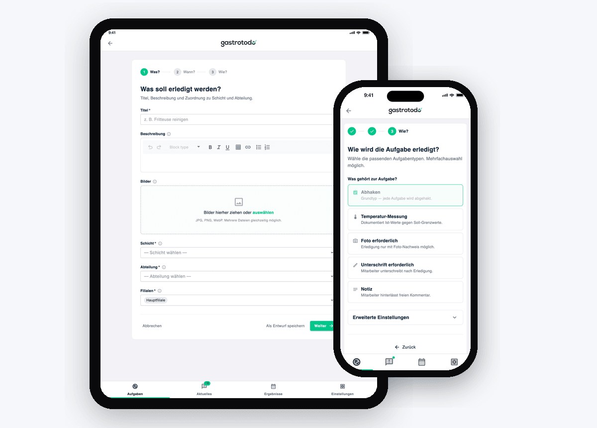 Neue Aufgabenmaske: Drei-Schritt-Wizard Was/Wann/Wie auf dem iPad, Schritt Wie mit Aufgabentyp-Auswahl auf dem iPhone daneben.