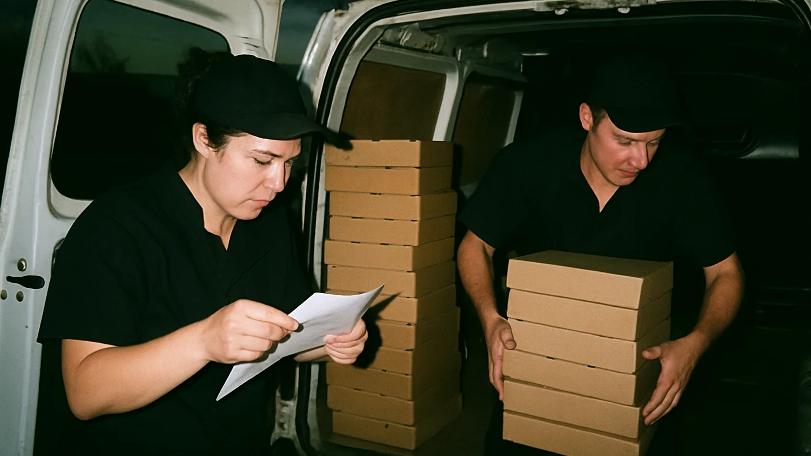 Catering-Team belädt Lieferboxen und prüft den Bestellzettel auf Papier