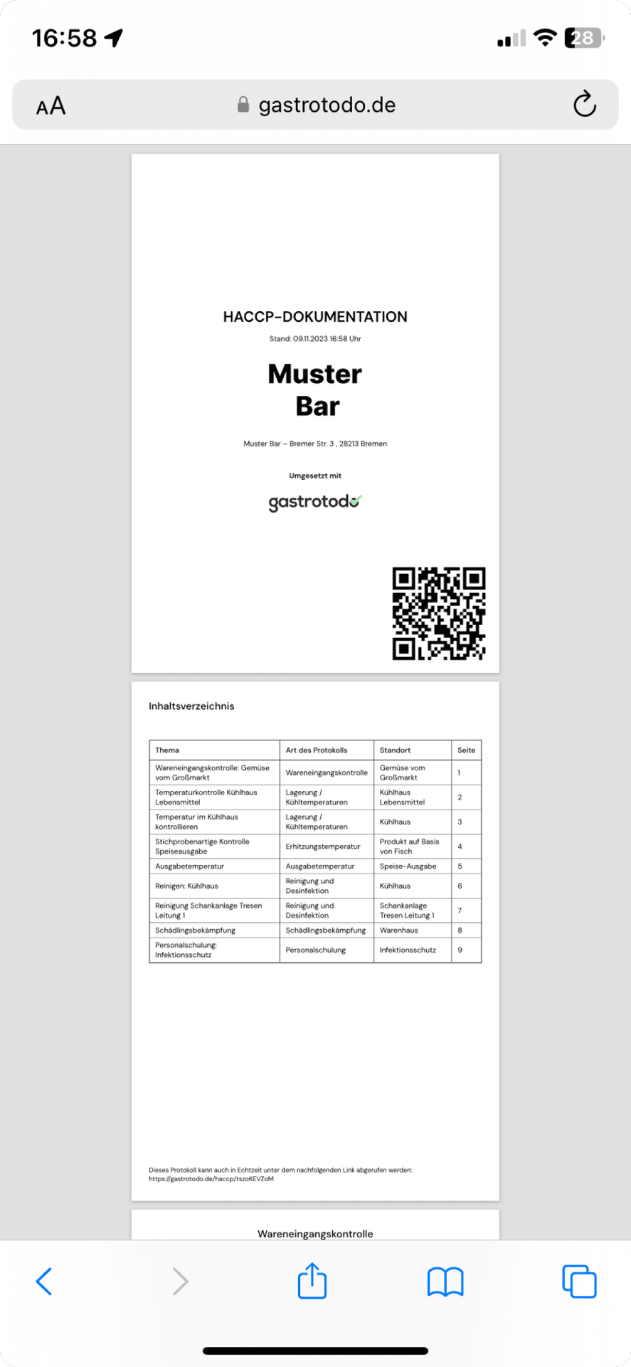 HACCP-Dokumentation als druckfertiges Protokoll auf dem Smartphone.